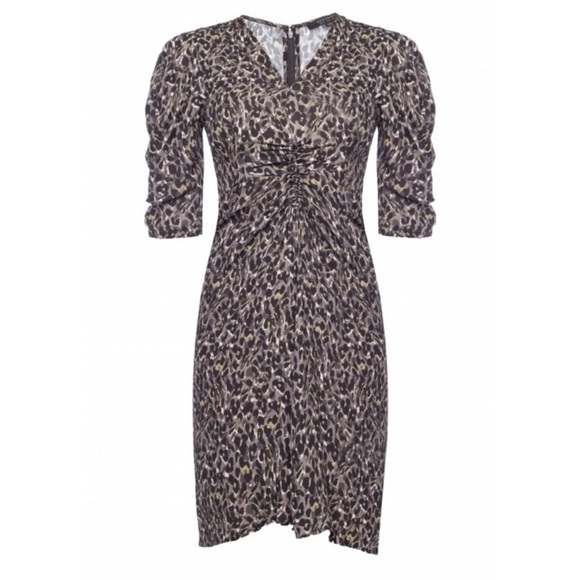 ALLSAINTS Josephine Waterleo Short Sleeve Ruched Leopard Print Mini Dress - Picture 4 of 12